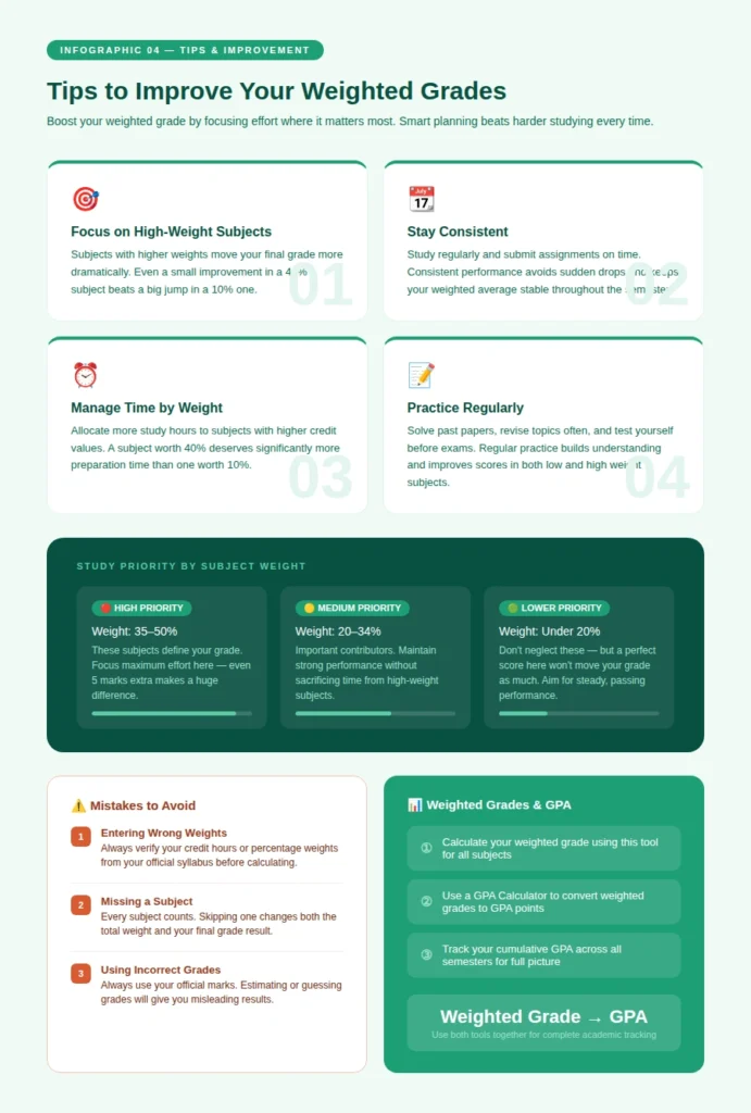 Tips to improve weighted grades infographic showing study priority
