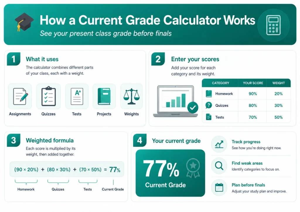 Current Grade Calculator 1 How a current grade calculator works with weighted formula example
