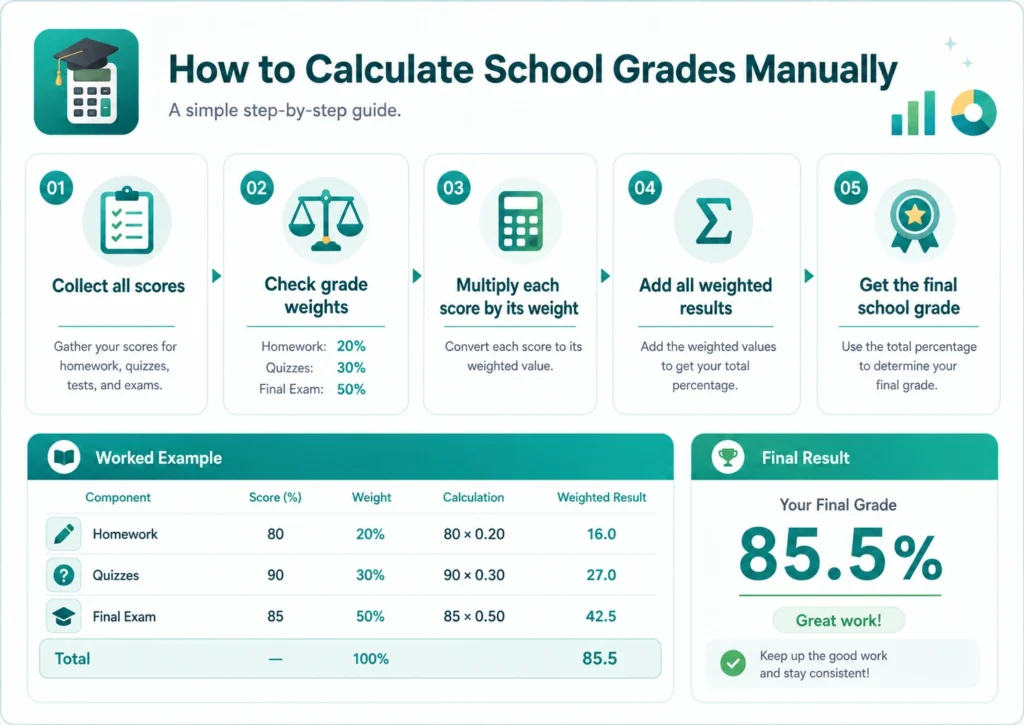 How to calculate school grades manually with weighted score example