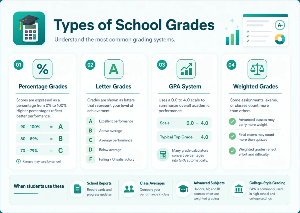 Types of school grades including percentage letter GPA and weighted grades
